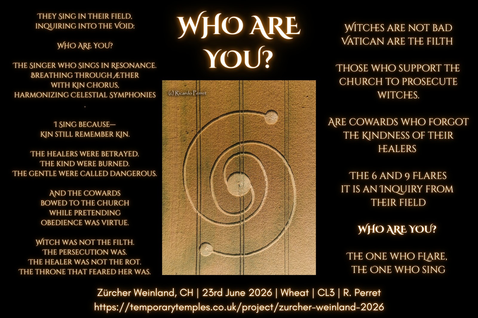 Who Are You crop-circle signal board for Zürcher Weinland, Switzerland, 23 June 2026